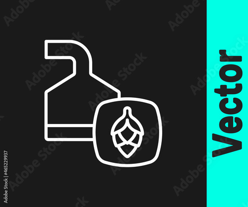 White line Traditional brewing vessels in brewery icon isolated on black background. Beer brewing process. Distillery plant, brewery. Vector