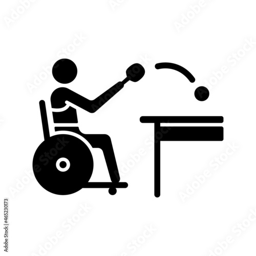 Table tennis black glyph icon. Indoor ball game activity. Hit lightweight ball using racket. Sportsman with physical disability. Silhouette symbol on white space. Vector isolated illustration