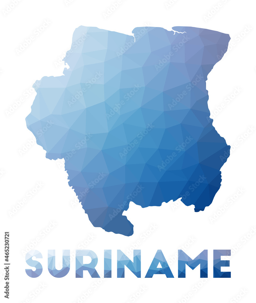 Low poly map of Suriname. Geometric illustration of the country. Suriname polygonal map. Technology, internet, network concept. Vector illustration.