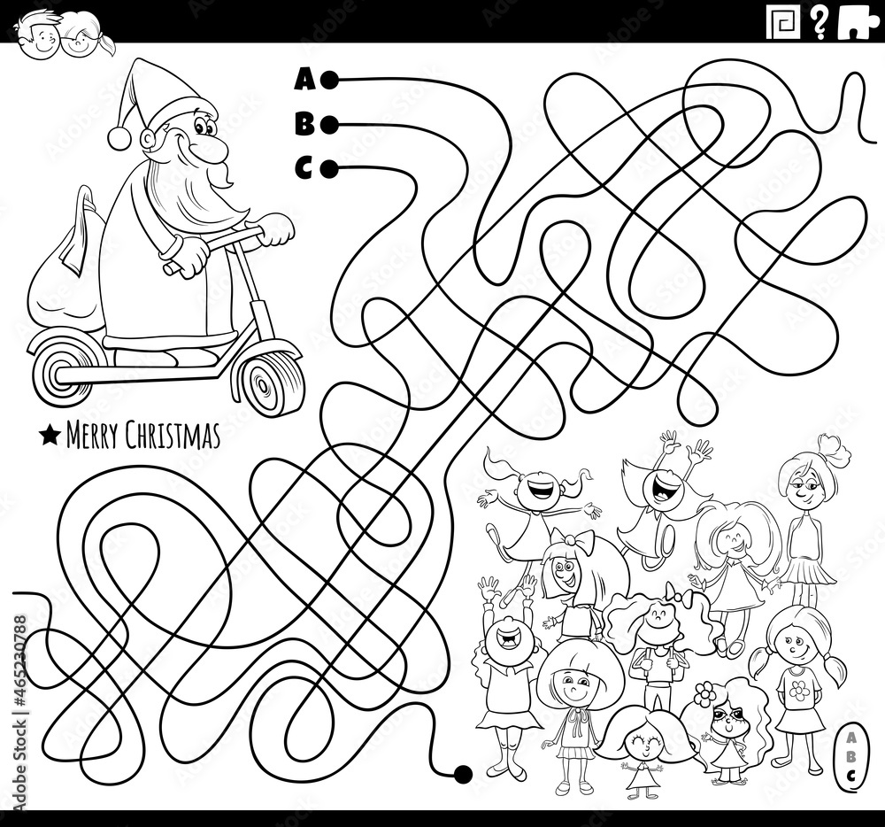 maze with Santa Claus and children coloring book page