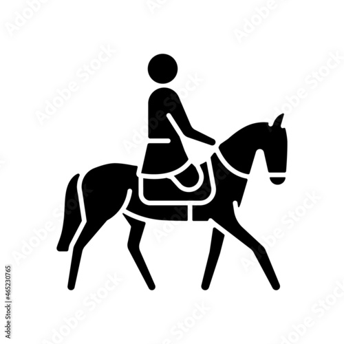 Equestrian black glyph icon. Horseback riding demonstrative event. Horse racing competition. Athletes with physical disability. Silhouette symbol on white space. Vector isolated illustration