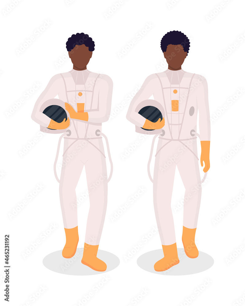 Astronauts semi flat color vector character set. Walking figures. Full body people on white. Space exploration isolated modern cartoon style illustration for graphic design and animation collection