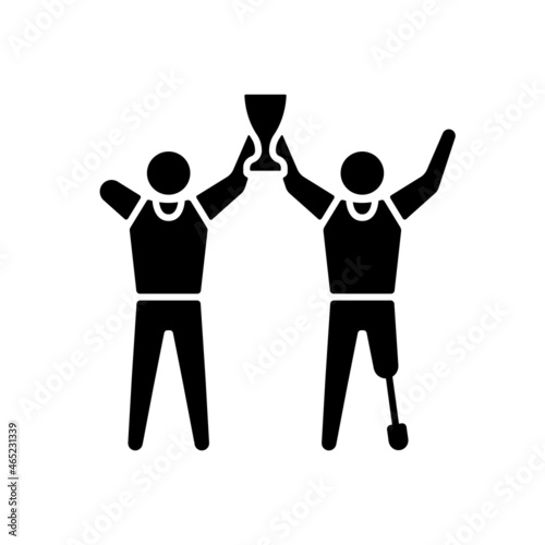 Sportsman with physical disability. black glyph icon. Adaptive sport competition winners. Athletes with prize. Athlete with disability. Silhouette symbol on white space. Vector isolated illustration