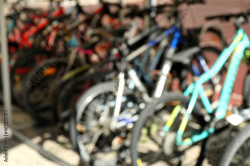 Bicycle parking with different bicycles, selective focus