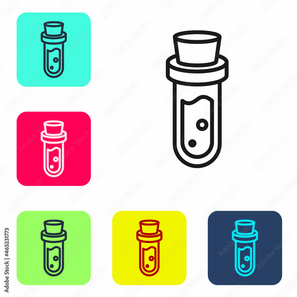 Black line Bottle with potion icon isolated on white background. Flask with magic potion. Happy Halloween party. Set icons in color square buttons. Vector Black line Bottle with potion icon isolated on white background. Flask with magic potion. Happy Halloween party. Set icons in color square buttons. Vector