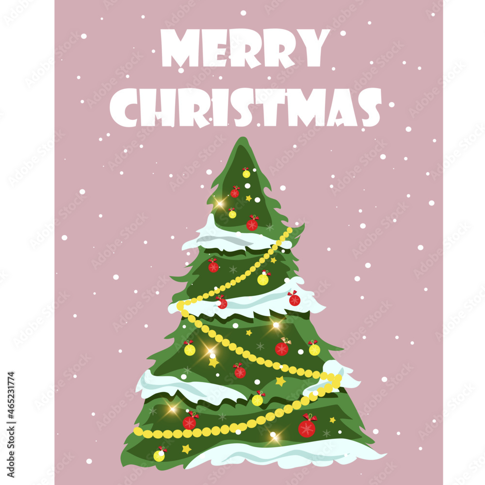 Decorated Christmas tree with toys and snow. Text. Pink color. Flat style. Merry Christmas and Happy New Year. 2022 year. 25 December. Gift card. Snowfall. Snowflakes. Stock Vector Illustration. Decorated Christmas tree with toys and snow. Text. Pink color. Flat style. Merry Christmas and Happy New Year. 2022 year. 25 December. Gift card. Snowfall. Snowflakes. Stock Vector Illustration.