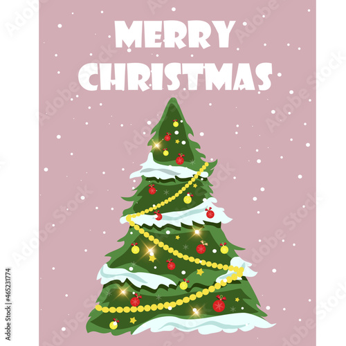 Decorated Christmas tree with toys and snow. Text. Pink color. Flat style. Merry Christmas and Happy New Year. 2022 year. 25 December. Gift card. Snowfall. Snowflakes. Stock Vector Illustration.