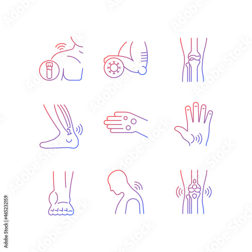 Joint problems gradient linear vector icons set. Muscle aches. Tendons stiffness. Ligament sprain. Arthritis symptoms. Thin line contour symbols bundle. Isolated outline illustrations collection