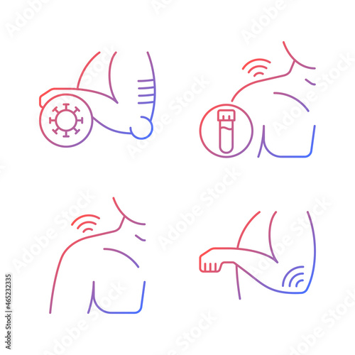 Shoulder and elbow pain gradient linear vector icons set. Autoimmune condition. Rheumatism blood test. Septic arthritis. Thin line contour symbols bundle. Isolated outline illustrations collection