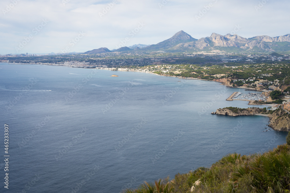view of the blue mediterranean sea and beautiful mountain landscape travel destination Spain
