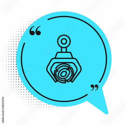 Black line Grapple crane grabbed a log icon isolated on white background. Forest industry. Industrial crane for lumber trunk wood production. Blue speech bubble symbol. Vector