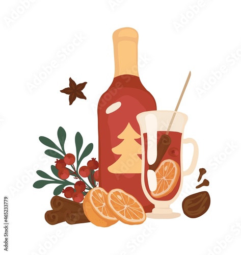 A bottle of wine. Fruit wine, red wine. Glasses. Cocktail. Big set. Orange, red berries. Spices, cinnamon. Celebration, party, Christmas, New Year. Birthday. Isolated vector colorful element on a whit