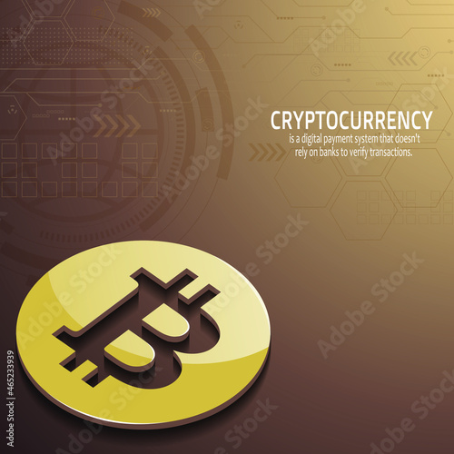 Golden bitcoin on drak brown background, vector for illustration, poster, web design