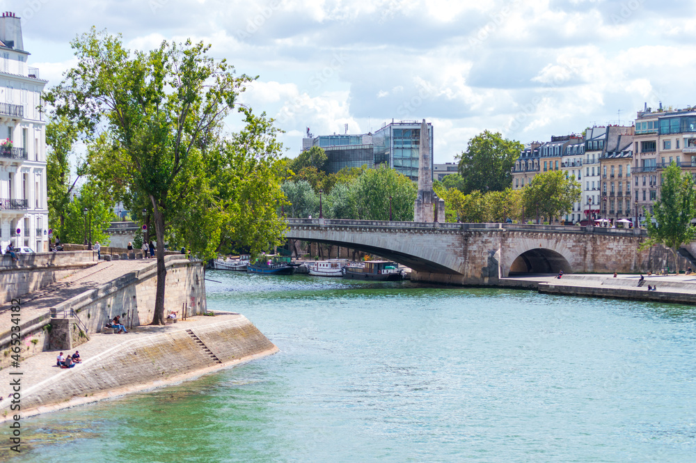 Naklejka premium River Seine banks in Paris, France. Nice green public space in the city center