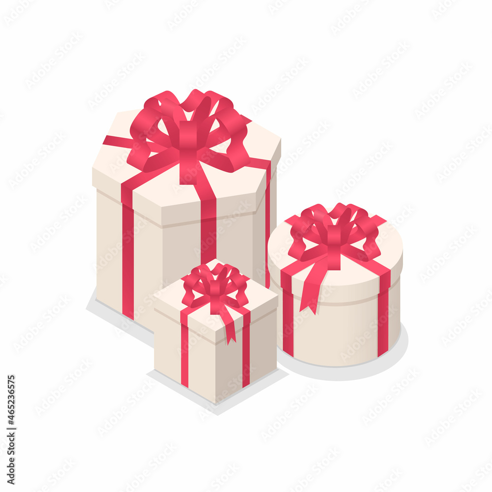 Stack of 3d isometric holiday gift boxes. Bright festive greeting present boxes white wrapping with red ribbon bow. Group of isometric Christmas surprise boxes. Colorful 3d isometric vector set. Stack of 3d isometric holiday gift boxes. Bright festive greeting present boxes white wrapping with red ribbon bow. Group of isometric Christmas surprise boxes. Colorful 3d isometric vector set.