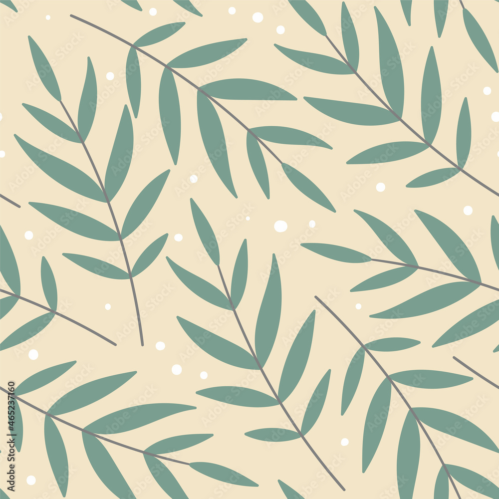 Fototapeta premium Botanical plant branch seamless pattern. Olive tree leaves isolated on light yellow background. Natural hand drawn seamless herbal pattern print design. Vector illustration