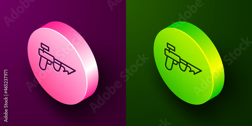 Isometric line Fishing harpoon icon isolated on purple and green background. Fishery manufacturers for catching fish under water. Diving underwater equipment. Circle button. Vector