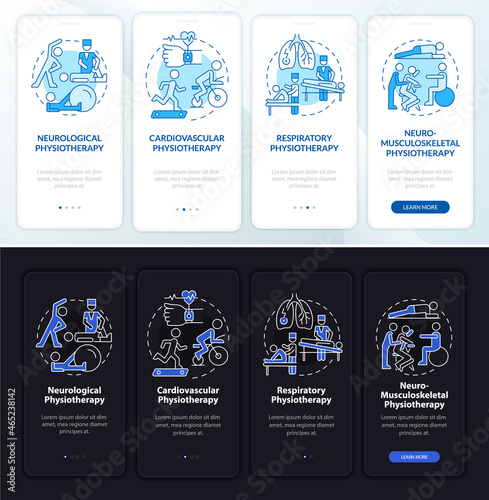 Physiotherapy onboarding mobile app page screen. Physical therapy types walkthrough 4 steps graphic instructions with concepts. UI, UX, GUI vector template with night and day mode illustrations