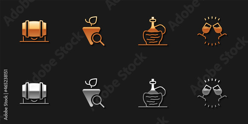 Set Wooden barrel for wine, Grapes, Wine italian fiasco bottle and tasting, degustation icon. Vector