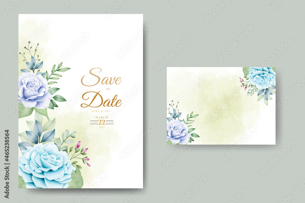 wedding invitation card with floral leaves watercolor set