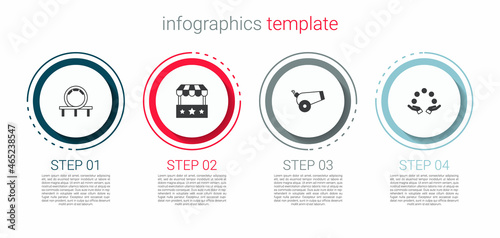 Set Roller coaster, Ticket box office, Cannon and Juggling ball. Business infographic template. Vector