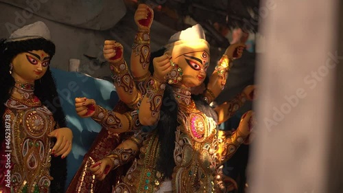 KOLKATA, INDIA - Oct 05, 2021: Hindu Goddess Maa Durga Puja, Durga Puja festival celebration, ritual, Happy Navratri, Brush drawing animation, paint on paper, Indian Religion.