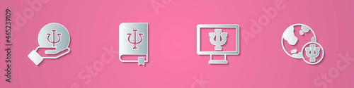 Set paper cut Psychology, Psi, book,, Psychologist online and icon. Paper art style. Vector