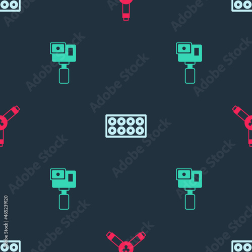 Set Skateboard Y-tool, wheel and Action camera on seamless pattern. Vector
