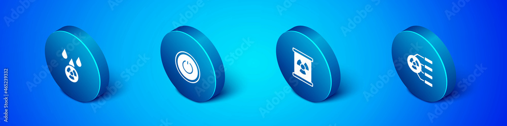 Set Isometric Acid rain and radioactive cloud, Radioactive waste barrel, and Power button icon. Vector Set Isometric Acid rain and radioactive cloud, Radioactive waste barrel, and Power button icon. Vector