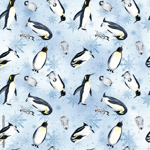 Photography Watercolor penguin pattern, Christmas seamless texture, Arctic wild animals, bab