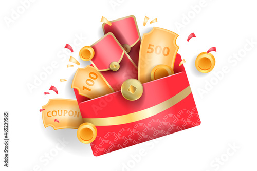 Chinese red lucky envelope, New Year money golden coin vector illustration, 3D gift promo pocket. Special promotion coupon, holiday traditional oriental discount banner. Asian festive lucky envelope