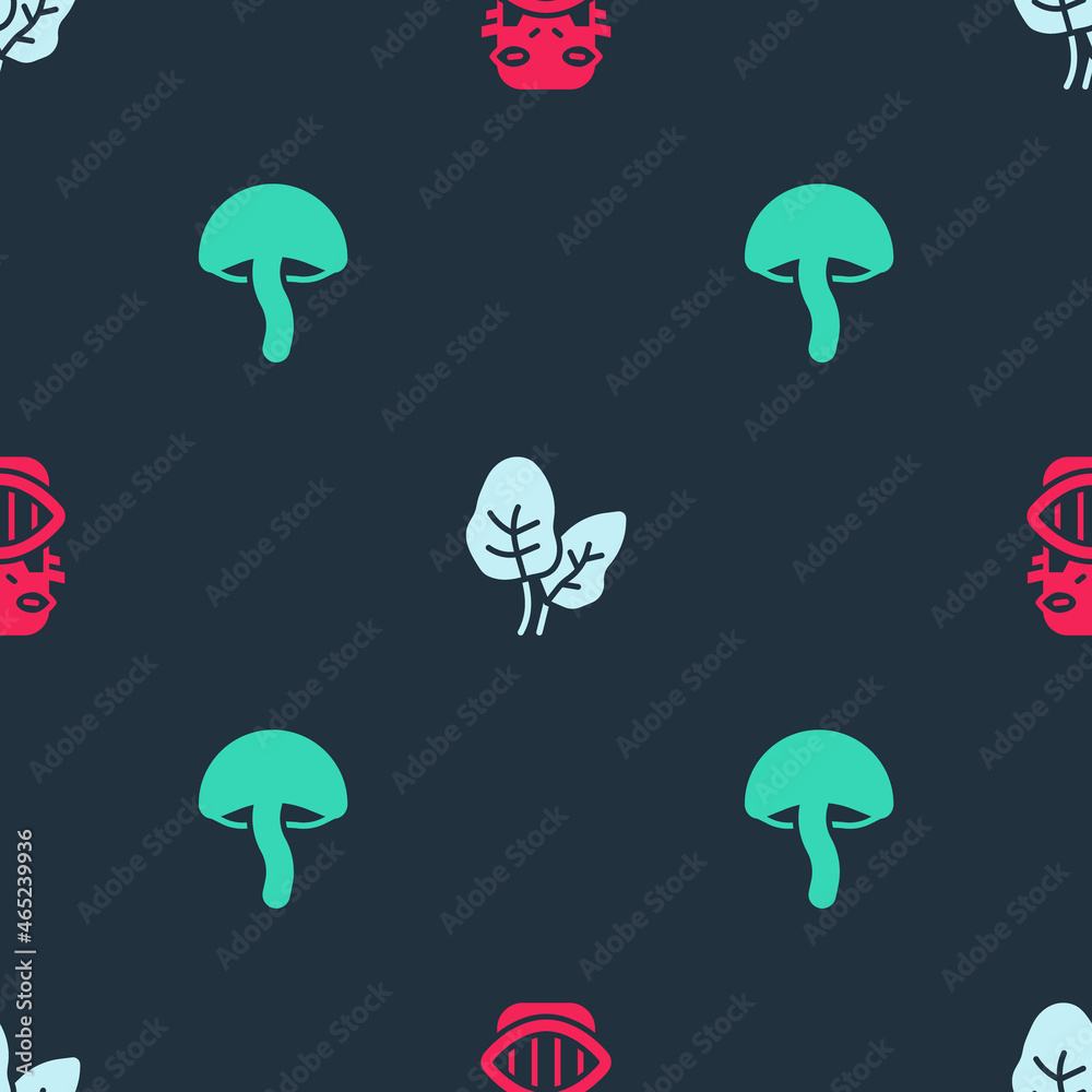 Set Mexican mayan or aztec mask, Tropical leaves and Mushroom on seamless pattern. Vector Set Mexican mayan or aztec mask, Tropical leaves and Mushroom on seamless pattern. Vector