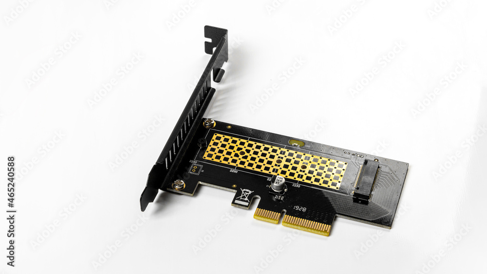 M.2 NVMe to PCIeX adapter board for SSD on white background M.2 NVMe to PCIeX adapter board for SSD on white background