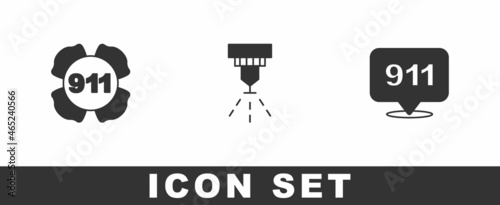Set Emergency call 911, Fire sprinkler system and icon. Vector