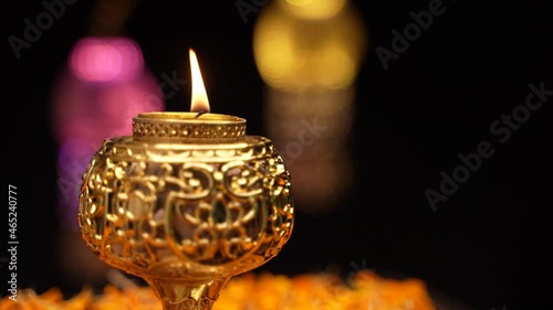 Traditional oil lamps with flower decoration for indian festival diwali.