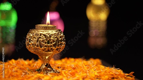 Traditional oil lamps with flower decoration for indian festival diwali.