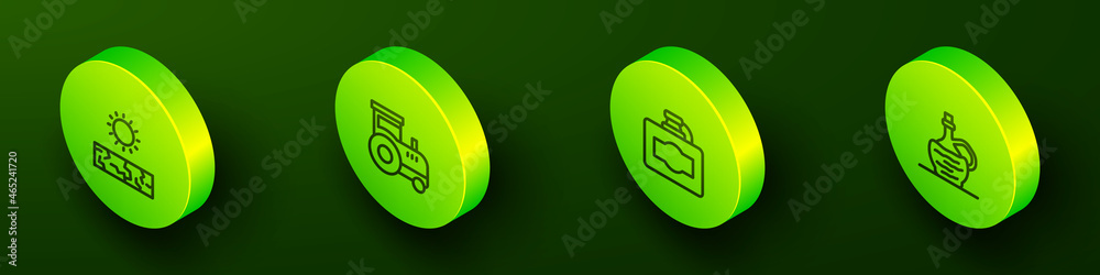 Set Isometric line Drought, Tractor, Cardboard box of wine and Wine italian fiasco bottle icon. Vector Set Isometric line Drought, Tractor, Cardboard box of wine and Wine italian fiasco bottle icon. Vector