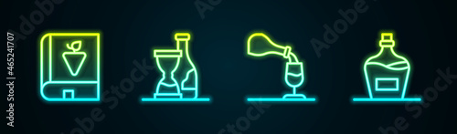 Set line Book about grapes, Bottle of wine, Wine tasting, degustation and Old bottle. Glowing neon icon. Vector