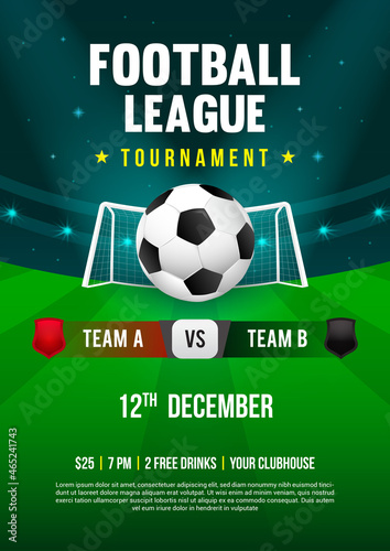 Football league tournament poster design vector illustration. Soccer ball on the field of stadium