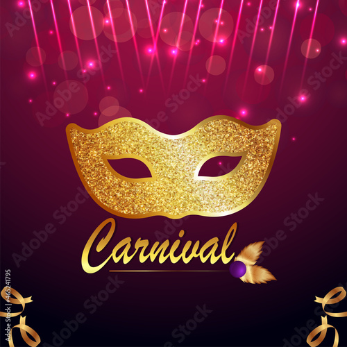 Golden carnival mask with feather beautiful concept design and background