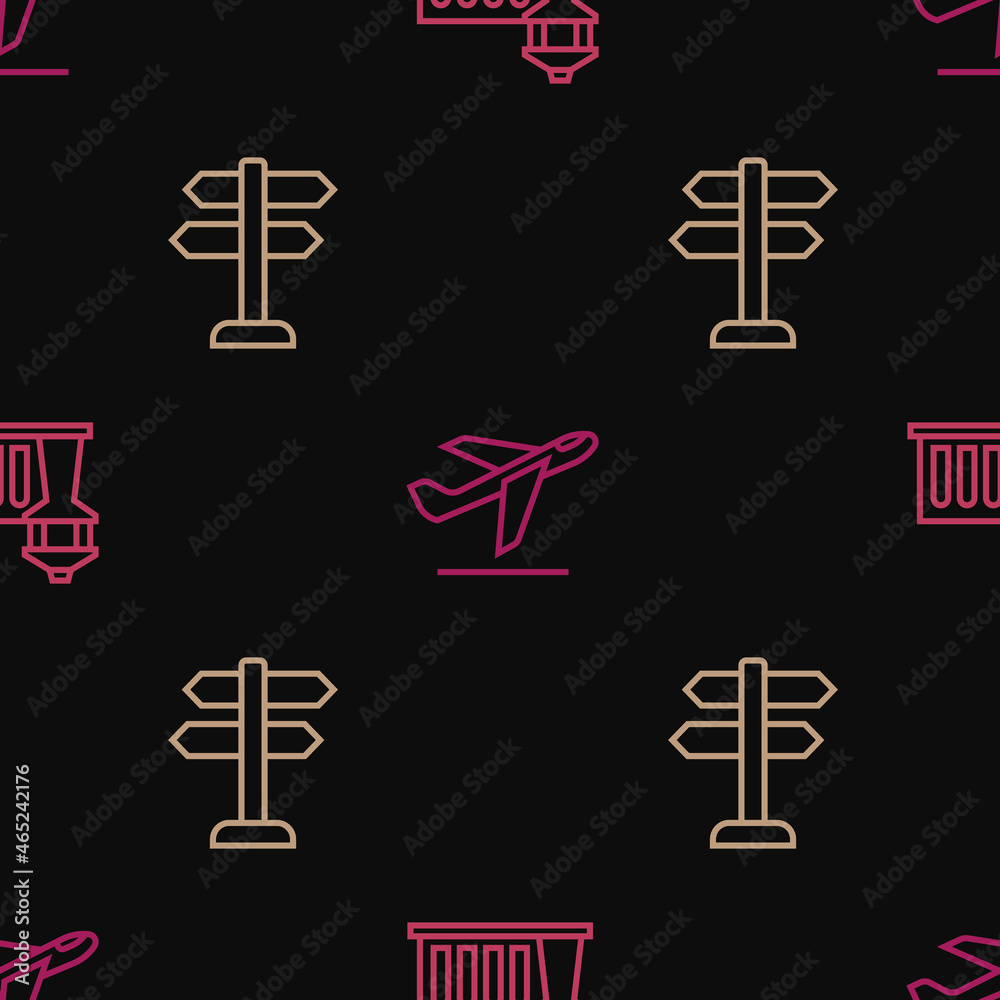 Set line Airport control tower, Road traffic sign and Plane takeoff on seamless pattern. Vector