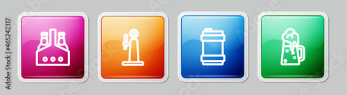 Set line Pack of beer bottles, Beer tap, Metal keg and Wooden mug. Colorful square button. Vector