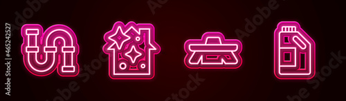 Set line Industry metallic pipe, Home cleaning service, Brush for and Bottle agent. Glowing neon icon. Vector