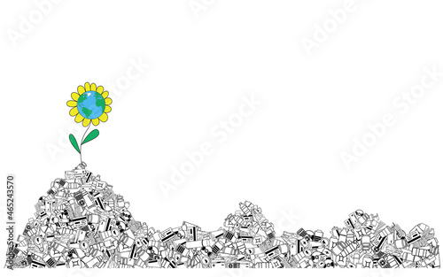 Earth in flower on a heap of rubbish. Symbolic background of environmental protection. Illustration on the topic of ecology and environmental protection. Garbage and non-recyclable waste.