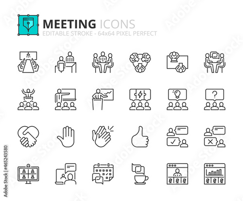 Simple set of outline icons about meeting. Business concept.