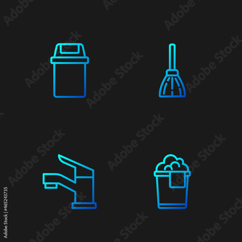 Set line Bucket with foam, Water tap, Trash can and Handle broom. Gradient color icons. Vector