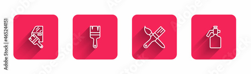 Set line Car painting, Paint brush, and spray gun with long shadow. Red square button. Vector