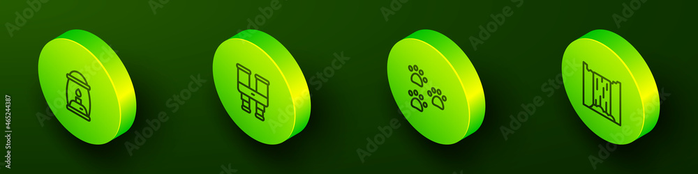 Set Isometric line Camping lantern, Binoculars, Paw print and Waterfall icon. Vector Set Isometric line Camping lantern, Binoculars, Paw print and Waterfall icon. Vector
