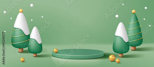 Green pedestal or podium with pine trees, snow and pearls on green background.  Christmas concept. Vector illustration for product demonstration, banner, poster, flyer, advertisement.