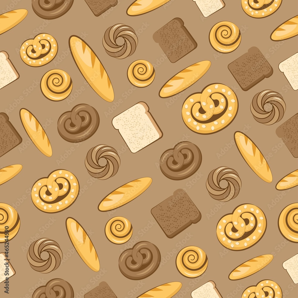 Seamless pattern with bread, baguettes, cinnamon rolls, pretzels, toasts. Background and bread and rolls on a craft substrate. Vector stock background Seamless pattern with bread, baguettes, cinnamon rolls, pretzels, toasts. Background and bread and rolls on a craft substrate. Vector stock background